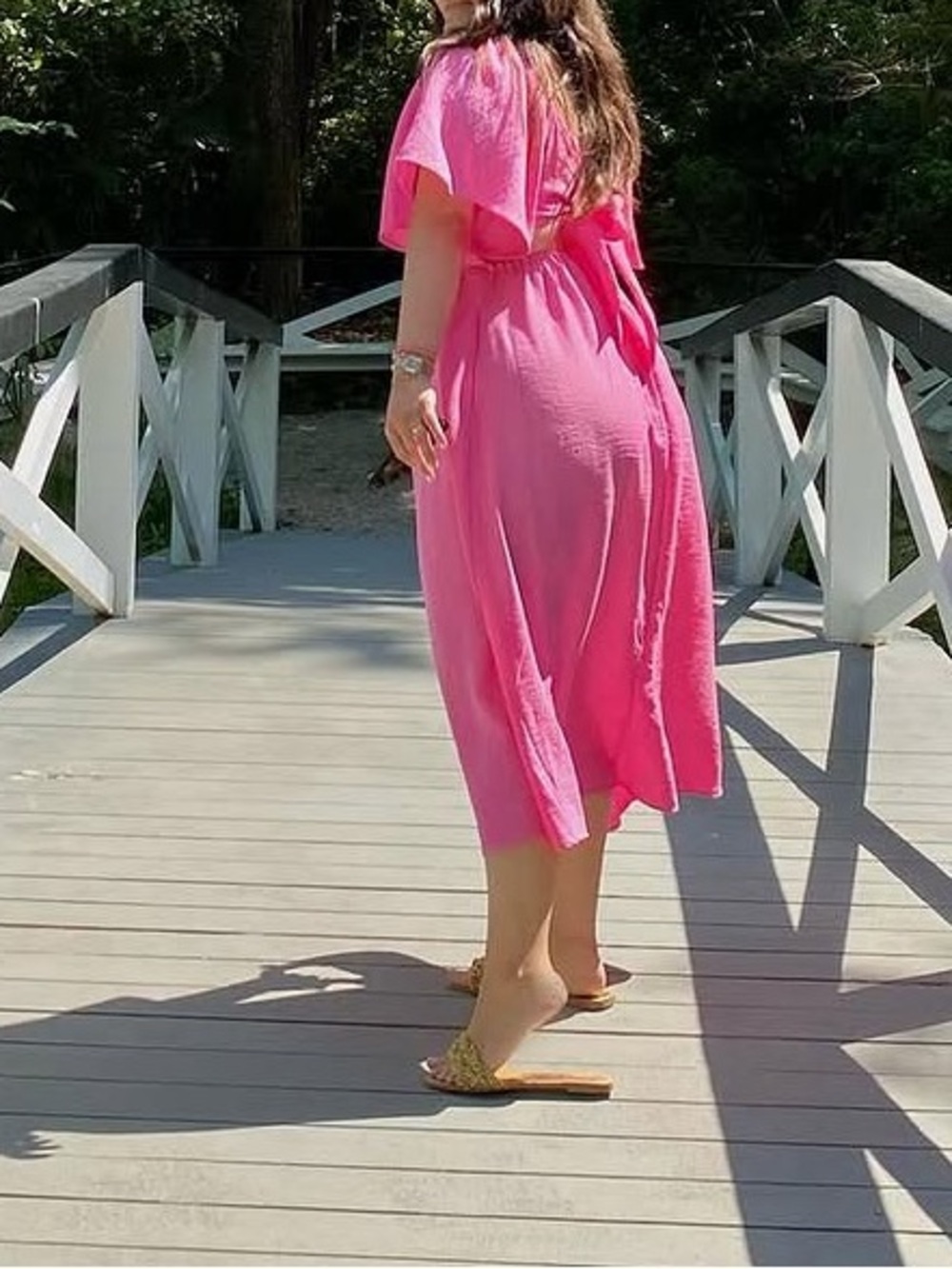 Bright Pink Puff Sleeve Midi Dress